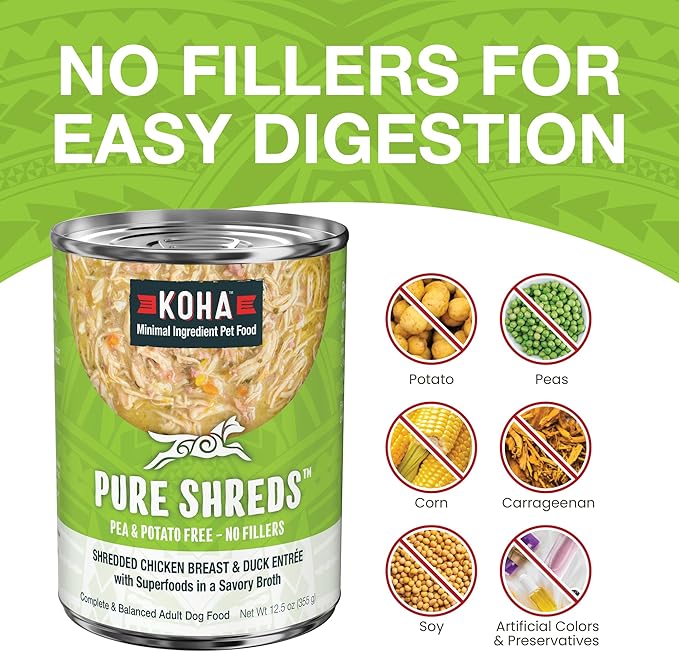 KOHA Pure Shreds Chicken and Duck Entrée for Dogs, 12.5oz Cans (Pack of 12)