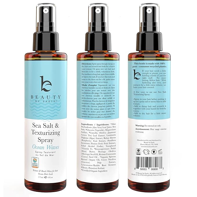 Beauty by Earth Sea Salt Spray for Men & Women - Texture Hair Spray for Adding Volume & Beachy Waves, USA Made with Organic Ingredients