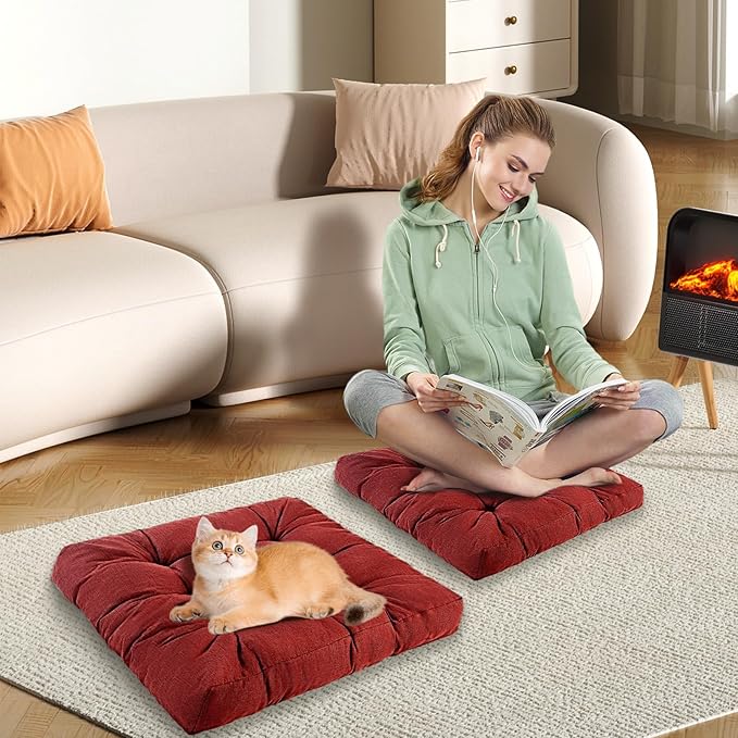 Meditation Floor Cushions Set of 2, Thickened Floor Pillow for Adults, Large Square Pillows Seat Cushion for Tatami Living Room Yoga, Memory Sponge Block Added, 22x22 Inch, Wine Red