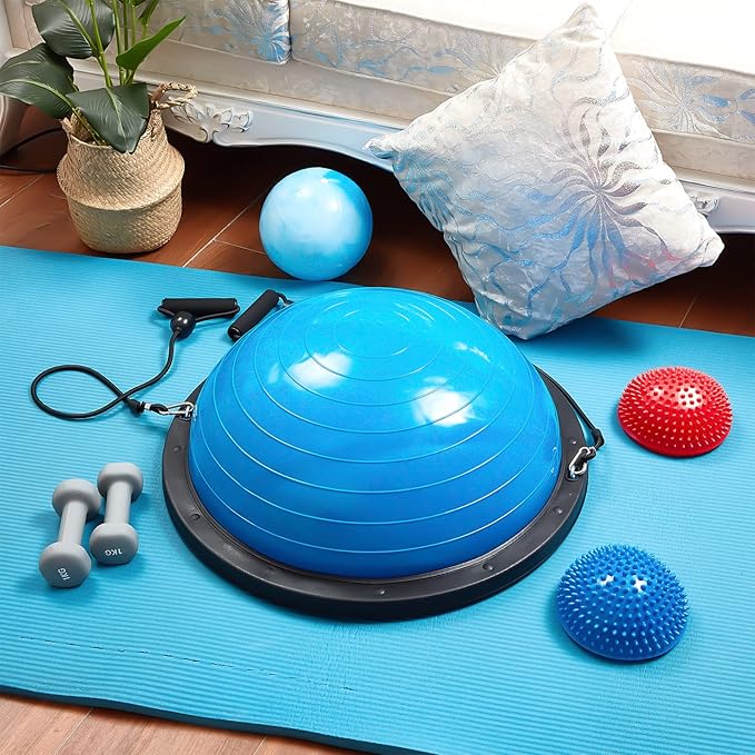 Honoson Half Ball Trainer Yoga Ball with Resistant Band Foot Pump Set, Half Exercise with Fitness Elastic Belt Hedgehog Balance Pods for Core Stability Full Body Workout Gym