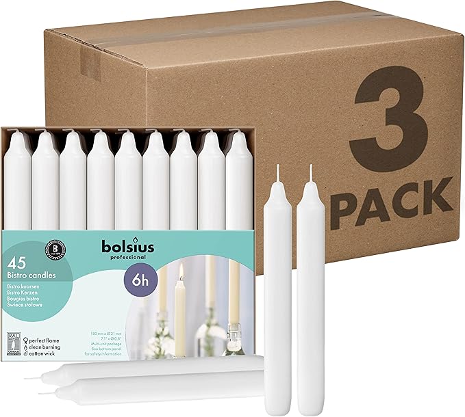 BOLSIUS White Candlesticks - Bulk Case of 3 Packs = Total 135 Candles - 6+ Hours - Premium European Quality - Consistent Smokeless Flame - Unscented Dripless Dinner Candles