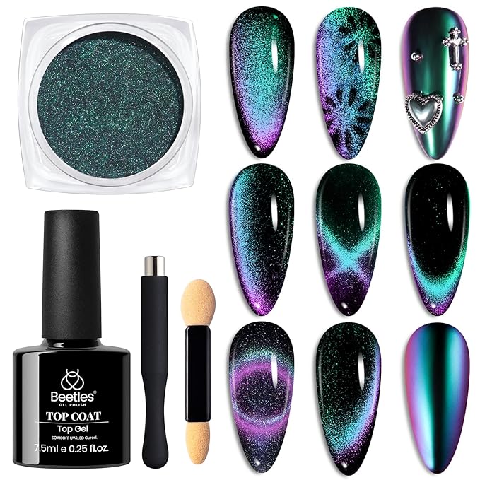 Beetles Cat Eye Chrome Nail Powder Set, 2 in 1 Holographic Metallic Mirror Effect Chameleon Galaxy Powder with No Wipe UV Gel Top Coat Magnet for Velvet Metallic Nail Art