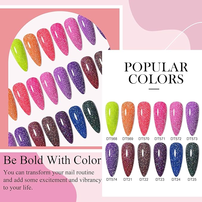 MEET ACROSS Reflective Glitter Gel Nail Polish Set of 12 Colors Pink Red Black Purple Shimmer Sparkle Gel Polish Collection Kit LED Soak Off Nail Polish Manicure Art Gel Kit Home DIY Nail Salon