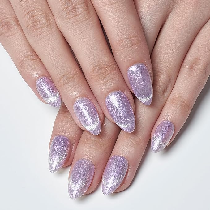 GLAMERMAID French Tip Magnet Cat Eyes Press on Nails Short Almond, Light Purple Handmade Jelly Gel Fake Nail, Ombre Glitter Magnetic Glue on Nail Stiletto, Medium Oval Stick False Nail Set for Women