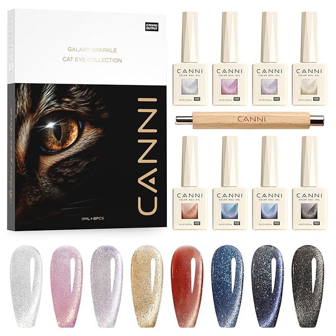 CANNI 8 Pcs 9 ML Cat Eye Gel Nail Polish Set, Jelly Pink Red Purple Blue Black Glitter Cat Eye Gel Polish Kit with Magnet Shimmer Colors Soak Off Manicure Salon DIY Gifts