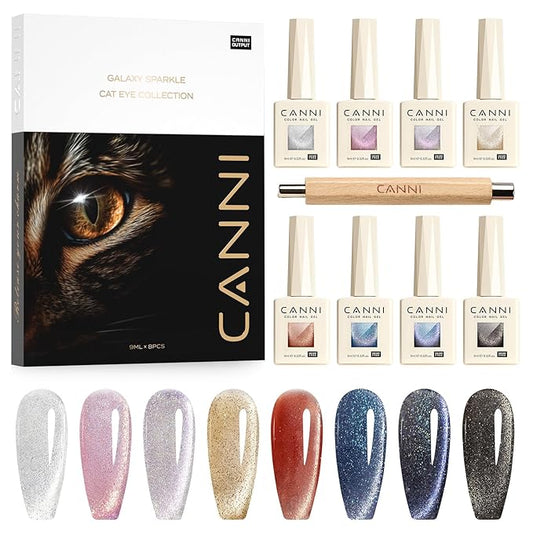 CANNI 8 Pcs 9 ML Cat Eye Gel Nail Polish Set, Jelly Pink Red Purple Blue Black Glitter Cat Eye Gel Polish Kit with Magnet Shimmer Colors Soak Off Manicure Salon DIY Gifts