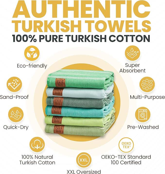 Gold CASE LYCIA Turkish Beach Towel Set of 6 – 100% Cotton Turkish Beach Towels Bulk 70 x 38'' – LYCIA Oversized, Quick Dry & Sand Free Beach Towel – Lightweight Towels Set in Tones of Green