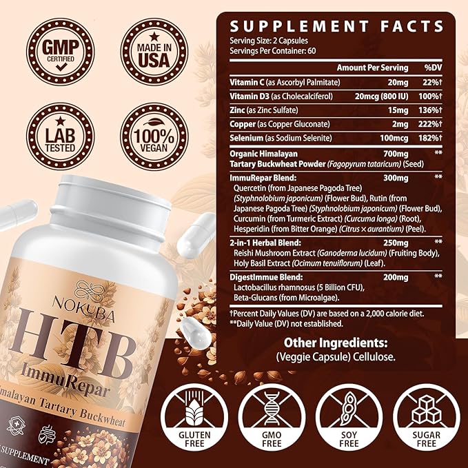 Himalayan Tartary Buckwheat Supplement with Quercetin, Zinc, Rutin, Vitamin C, D, Curcumin for Immune Support & Antioxidant & Gut Health - 360 Vegan Capsules