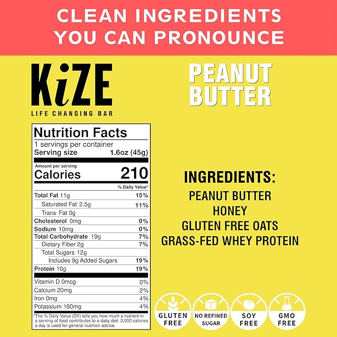 KiZE Energy Bars - Peanut Butter - 20-Count - Gluten Free, Non-GMO, and High Protein Meal Replacement Energy Bars, Clean and Simple Food Ingredients - 10g High Protein Snacks (20 Count)