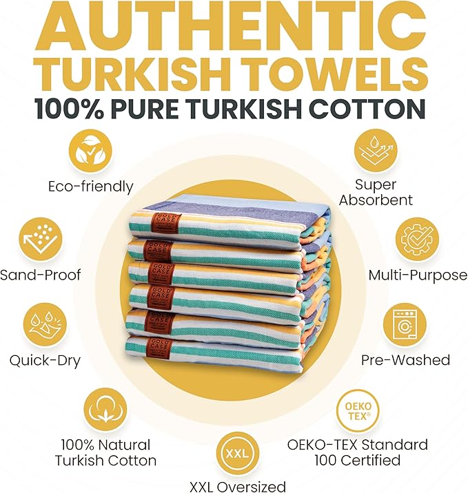 Gold CASE Turkish Beach Towel Set of 6 – 100% Cotton Large Bath Towels 70 x 38'' – OLYMPOS Oversized, Quick Dry & Sand Free Beach Towel – Lightweight Turkish Towels Set - Multicolor-1