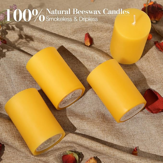 Natural Beeswax Pillar Candles, 2x3in Organic Pillar Candles-128 Hours Pure Beeswax Candles Long Burning Time Smokeless Dripless Bees Wax Candle for Home Paryer Relax, 4 Packs
