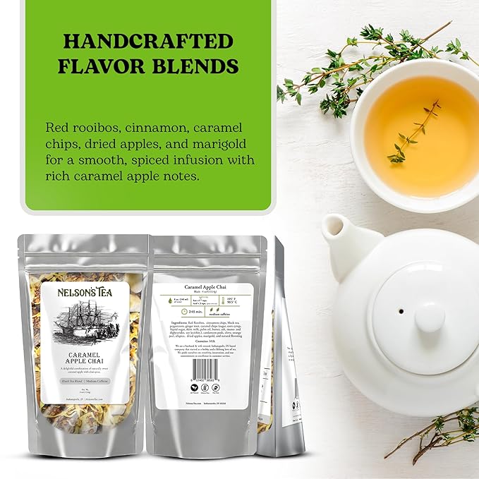Nelson's Tea Caramel Apple Chai Tea Loose Leaf - Cut & Sifted Red Rooibos Loose Leaf Tea, Black Tea with Cinnamon Chips, Peppercorn, Ginger Root, Cardamom, Clove, Orange Peel and All Spice (4 oz)
