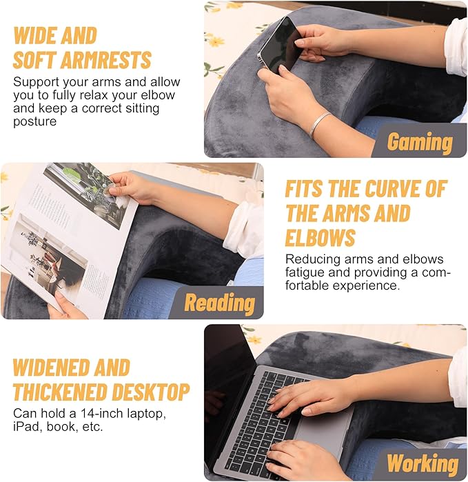 Reading Pillow & Gaming Pillow for Lap, Lap Desk Pillow for Gaming with Coaster, Soft Arm Rest Pillow for Adult, Memory Foam Rest Pillows for Reading, Working, Sitting in Floor Sofa, Grey