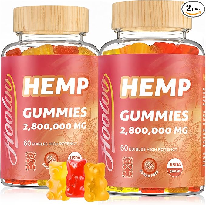 HOOLOO Hemp Gummies for Happier Bedtimes & Focus, Extra Strength 2,800,000mg Hemp Oil Infused, Gummy Bears Fruity, Sugar Free, Made in USA