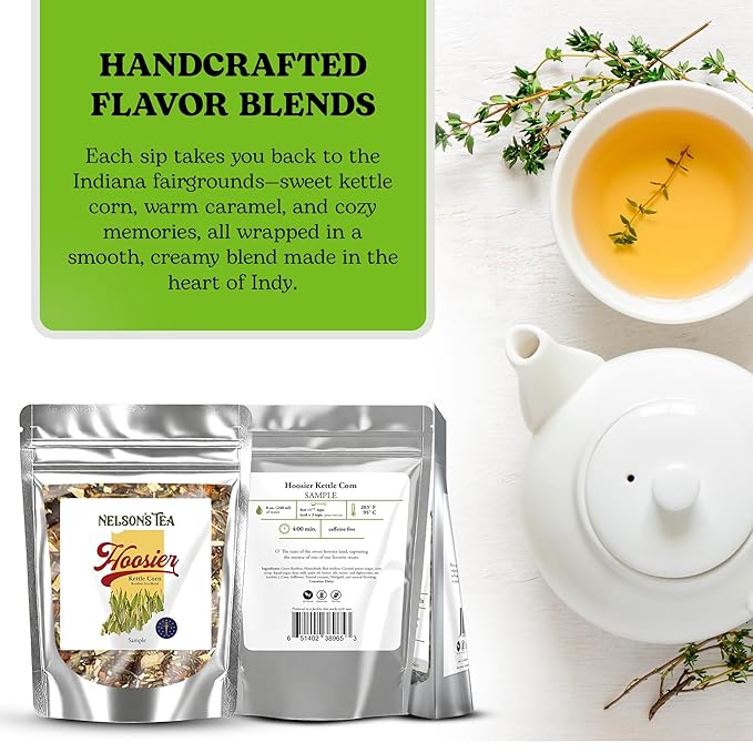 Nelson's Tea Hoosier Kettle Corn - Cut & Sifted, Caffeine Free Loose Leaf Tea with Sweet and Spicy Blend of Green Rooibos, Honeybush, Caramel, Corn, Safflower, Toasted Coconut, Marigold (Sample)