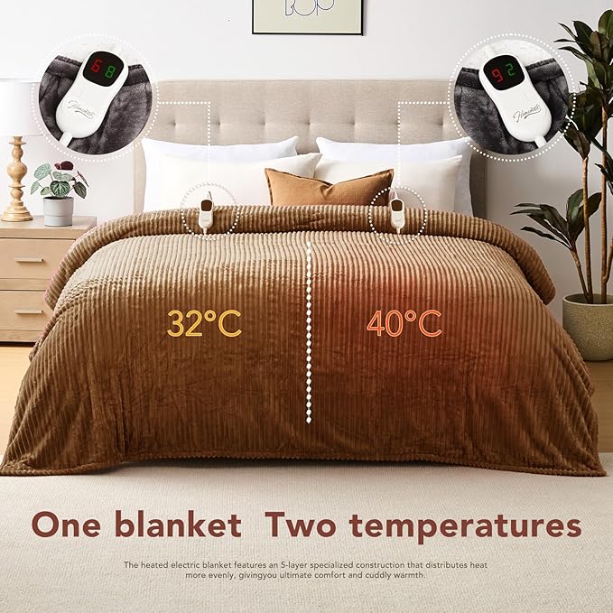 Homemate Electric Heated Blanket Queen Size - 84"x90" Heating Blanket Queen Size Dual Control 1/2/4/6/8 Hours Auto-Off 10 Heat Level Over-Heat Protection Soft Flannel Sherpa ETL Certification