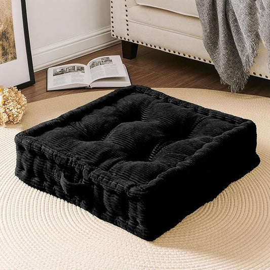 Square Floor Pillows for Adults Kids - Meditation Floor Pillow Seating Cushion - Tufted Floor Cushion with Shredded Foam & Velvet Cover, 1 Pack, 20x20 Inch, Black