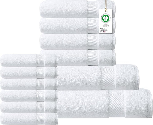 Delara 100% Organic Cotton Towels 650 GSM Plush Feather Touch Quick Dry Towel, 12-Piece Towel Set GOTS Certified, Oeko-Tex Green Certified, 1 Bath Towel, 1 Bath Sheet, 4 Hand Towels & 6 Wash Cloths