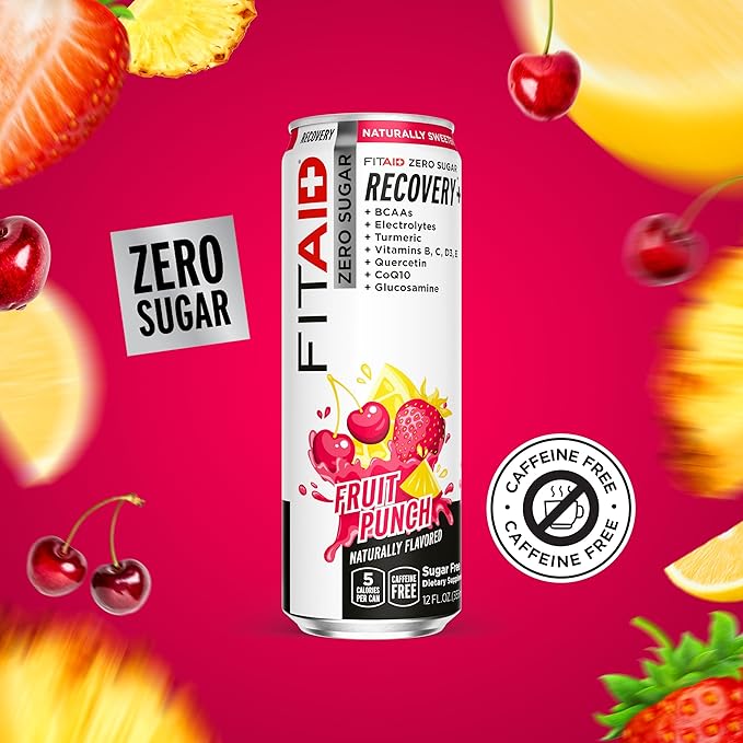 FITAID ZERO, Keto-Friendly, Number 1 Post-Workout Recovery Drink, Contains Zero Sugar, BCAAs, Glucosamine, 5 Calories, Fruit Punch, 12 Fl Oz (Pack of 24)