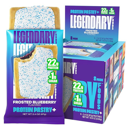 Legendary Foods 22g Protein Pastry+ Blueberry, Low Carb Meal Replacement Bar - Low Glycemic, Gluten Free Protien Snacks - Healthy Keto Snack Box 8 Zero Sugar Energy Bars - Bariatric Diabetic Friendly