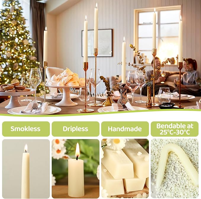 30 Pack Beeswax Taper Candles in Bulk 8 inch Tall - All Natural White Beeswax Candle Sticks,100% Pure Unscented Bee Wax Candle for Home, Dripless, 8 Hours Long Burning Time