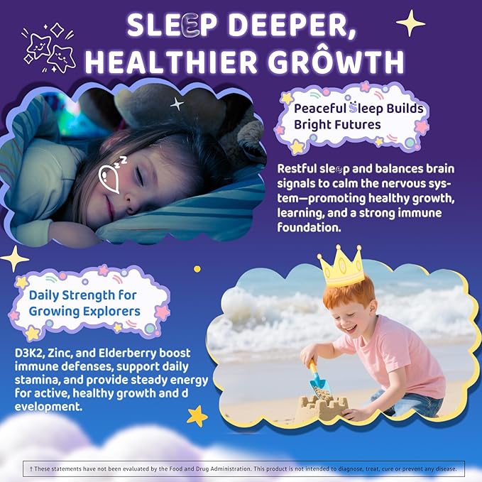 Kids Sleep Gummies, NO Melatonin Sleep Aid Gummies w/Magnesium Glycinate, Magnesium Malate, L-Theanine, Lavender, B6, Zinc, D3K2 for Restful Sleep, Relax Brain & Muscle, Immune Support, Non-GMO 1Pack
