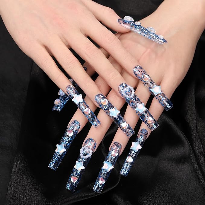 Sparkling Blue Star Press-On Nails with 3D Gems, Glitter Nail Art Set for Trendy & Stylish Manicure(M038, L)