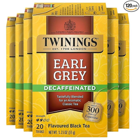 Twinings Decaffeinated Earl Grey Black Tea Individually Wrapped Bags, 20 Count (Pack of 6), Flavoured with Citrus and Bergamot, Enjoy Hot or Iced, 120 Teabags