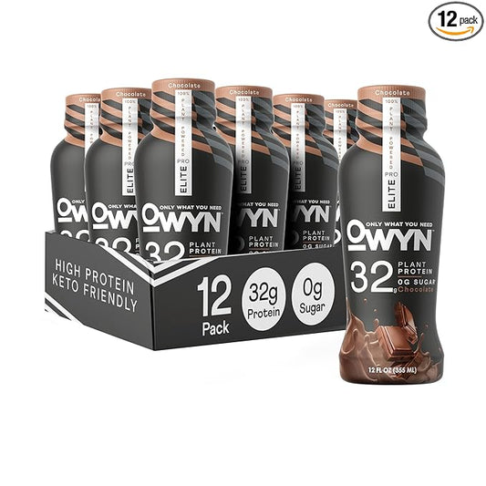 OWYN Only What You Need Pro Elite Vegan High Protein Keto Shake, 32g Protein, 9 Amino Acids, Omega-3, Prebiotics, Superfoods Greens for Workout and Recovery, 0g Net Carbs, Zero Sugar, Chocolate, 12 Fl Oz (Pack of 12)