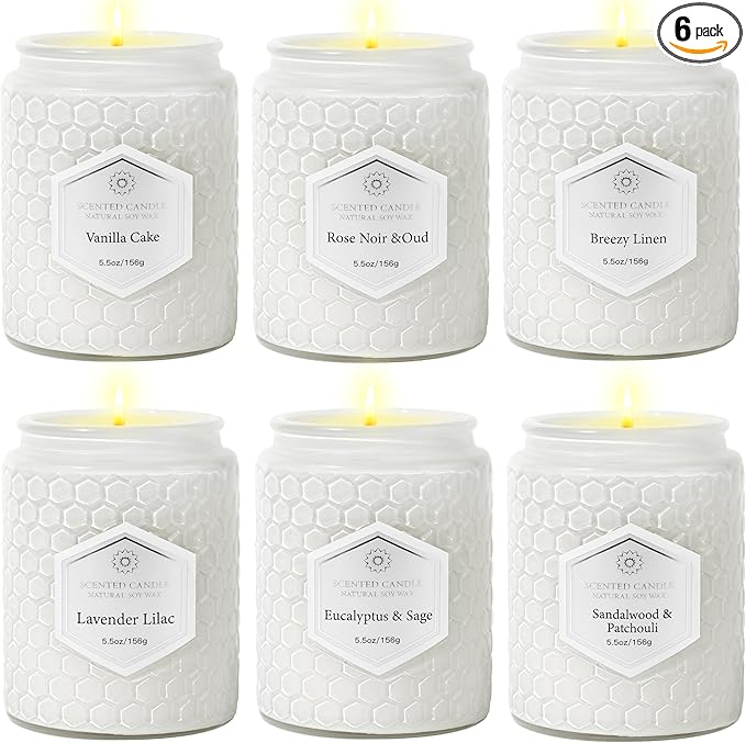 6 Pack Aromatherapy Candles for Home Scented, Gifts Set for Women, Natural Soy Wax Jar, 33 oz 240 Hour Long Lasting, for Birthday, Valentine's Day, White