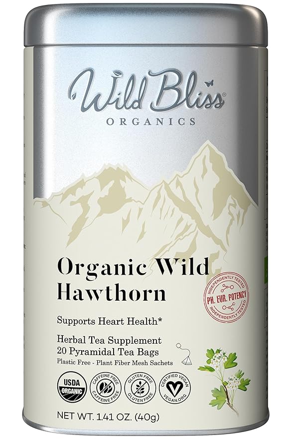 Wild Bliss Organic Wild Hawthorn Leaf and Flower Herbal Tea - Caffeine Free Heart Health Herbal Support - 20 Plant Based Tea Bags
