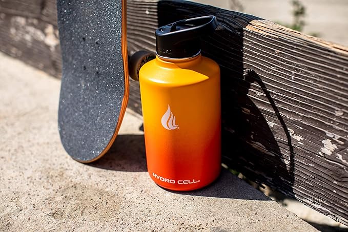 HYDRO CELL Stainless Steel Insulated Water Bottle with Straw - For Cold & Hot Drinks - Metal Vacuum Flask with Screw Cap and Modern Leakproof Sport Thermos for Adults (Red/Orange 64oz)