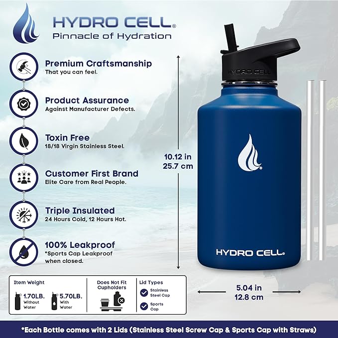 HYDRO CELL Stainless Steel Insulated Water Bottle with Straw - For Cold & Hot Drinks - Metal Vacuum Flask with Screw Cap and Modern Leakproof Sport Thermos for Adults (Navy 64oz)