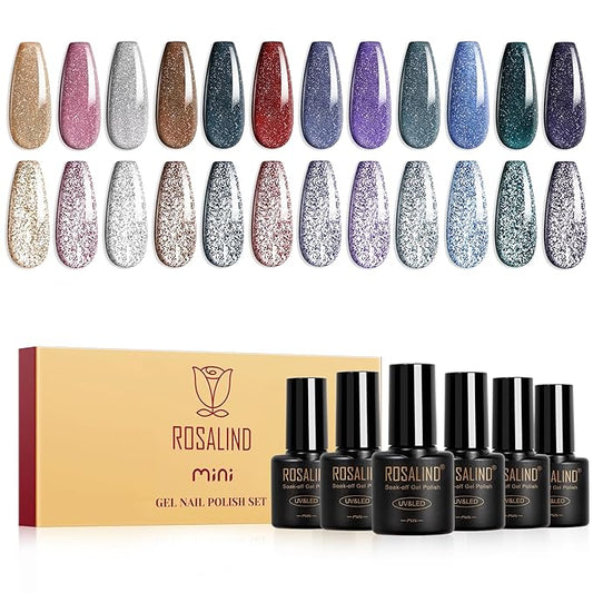 ROSALIND Reflective Glitter Gel Polish - 12 Colors Glitter Gel Nail Polish Set Sparkle Shiny Effect Soak Off UV Set Silver Sparkling Nail Art Collection Manicure Gift for Women