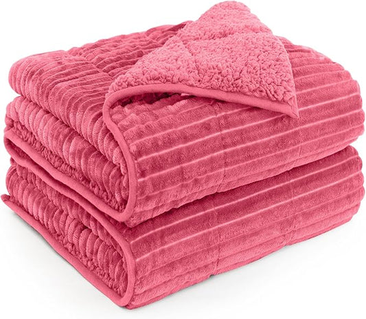 Sherpa Fleece Adult Weighted Blanket with Ribbed Stripes, 15 Pounds Dual Sided Soft Plush Blanket for Couch Bed Sofa, Heavy Thick Blankets with Ceramic Beads Great for Sleep, Peach Pink, 48" x 72"