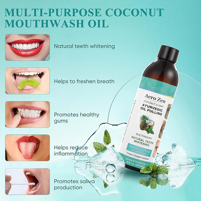 Coconut Oil Pulling Mouthwash with Peppermint - Alcohol-Free Oral Care - Fresh Breath Solution - Organic Essential Oils Formula with Tongue Scraper - Gum Health Treatment - 237ML