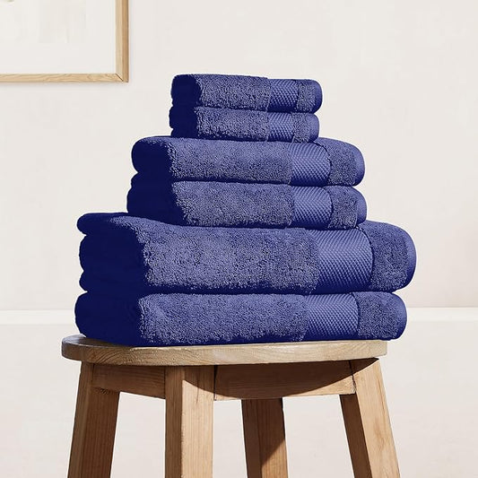 BIOWEAVES 100% Organic Cotton Bath Towel Set | 700 GSM Plush 6-Piece Premium Towel Set GOTS Certified, 2 Bath Towels, 2 Hand Towels & 2 Washcloths - Navy Blue