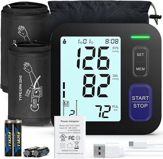 Upper Arm Blood Pressure Machine - 2 Size Cuffs, Medium/Large 9"-17" and Extra Large XL 13"-21" for Big Arms, Accurate Automatic Digital BP Machine for Home Use, Large Backlit Display, 2 Users
