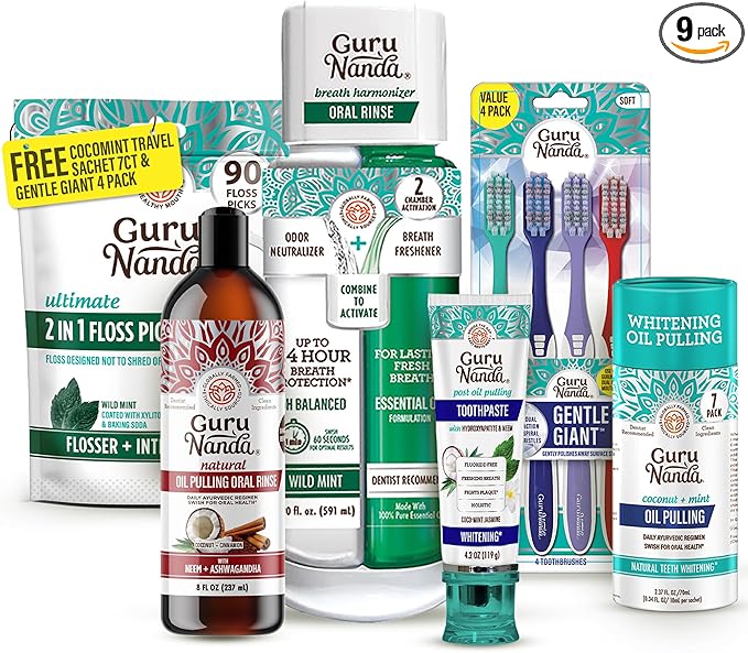GuruNanda Gum Hygiene Makeover Kit with Ashwagandha & Cocomint (Travel Size) Oil Pulling, Neem Toothpaste, Breath Harmonizer Mouthwash, 2-in-1 Floss Picks & Whitening Toothbrushes