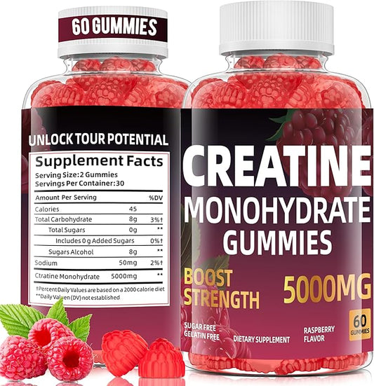 Creatine Monohydrate Gummies, Sugar Free & Gelatin Free, Raspberry Flavor, 60 Count Creatine Monohydrate Gummies for Men & Women, Muscle Growth, Strength & Energy Support