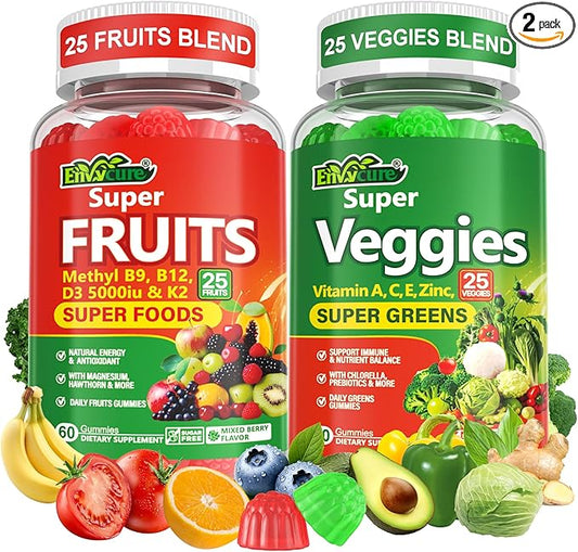 Super Greens Gummies, Daily Green Superfood Supplement w/Spirulina, Chlorella, Mushrooms, Probiotics, Multivitamins, 50+ Super Greens & Veggies Gummies to Boost Immunity, Energy & Gut Health, 120cts