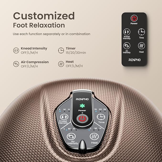 RENPHO Foot Massager Machine with Heat [2025 Upgraded], Foot Massager for Plantar Fasciitis, 3 Heat Levels, Mothers Day Gifts for Women Mom Dad, Wireless Control, True Feet Massage