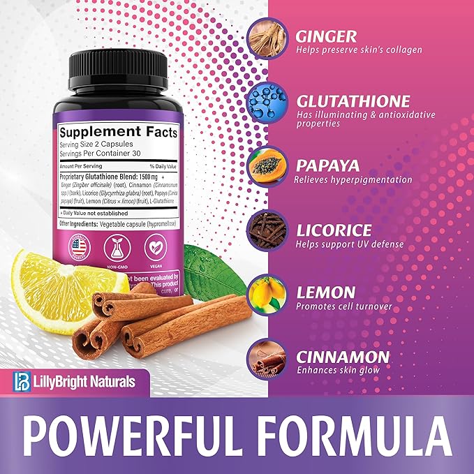 Glutathione Capsules - 1,500mcg L-Glutathione Supplement with Vitamin C - Skin Tone Enhancer - Targets Dark Spots & Acne Marks - Potent Antioxidant - 60 Skin Pills