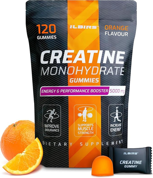 Creatine Monohydrate Gummies 5000mg for Women & Men - Muscle Builder & Pre Workout Gym Supplements - Chewables Creatine Mono Hydrate, Sugar-Free - 120 Gummies, Orange Flavor