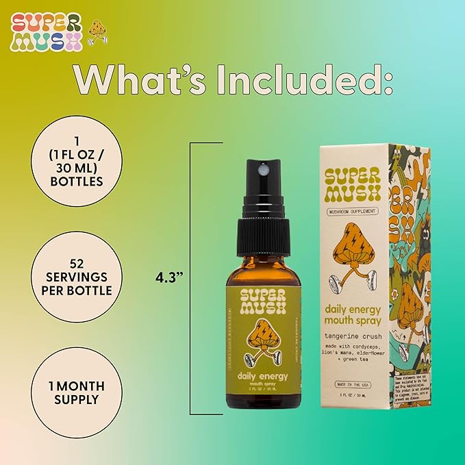 SuperMush Daily Energy Mouth Spray - Mushroom Supplement - Lions Mane & Cordyceps Mixed Mushrooms Extract Pure Liquid Sprays for Focus, Stamina & Clarity - 30ml Organic Lions Mane Fungi Spray