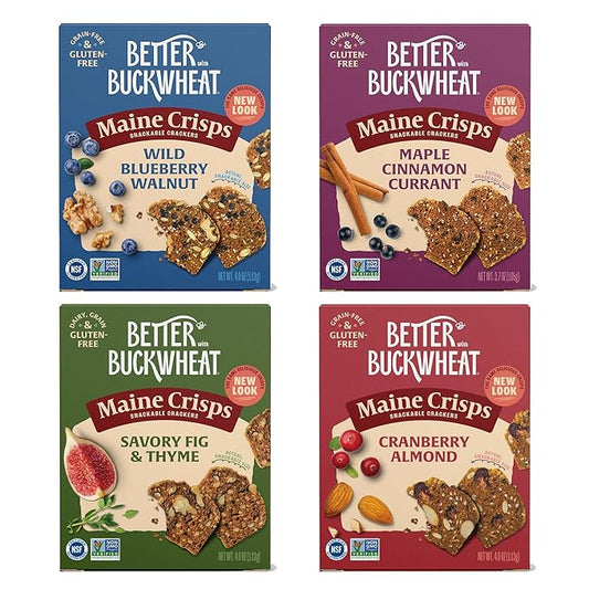 Maine Crisp Variety 4 Pack, Gluten Free Crackers - Snack Crackers, Grain Free, Non-GMO - Cranberry Almond, Cinnamon Maple, Savory Fig & Thyme, Wild Blueberry Walnut, For Cheese Boards, Salad Toppings & Jams