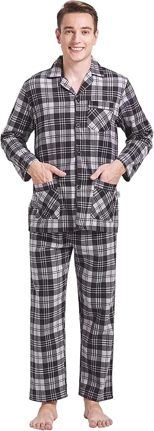 GLOBAL Men's Pajamas Sets 100% Cotton Flannel Sleepwear Long-Sleeve top & Bottom