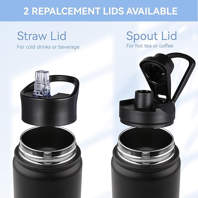 HASLE OUTFITTERS Insulated Water Bottle 22 oz Double Wall Stainless Steel Water Bottle Wide Mouth with Straw Lid & Spout Lid Keeps Cold or Hot(Black,4)