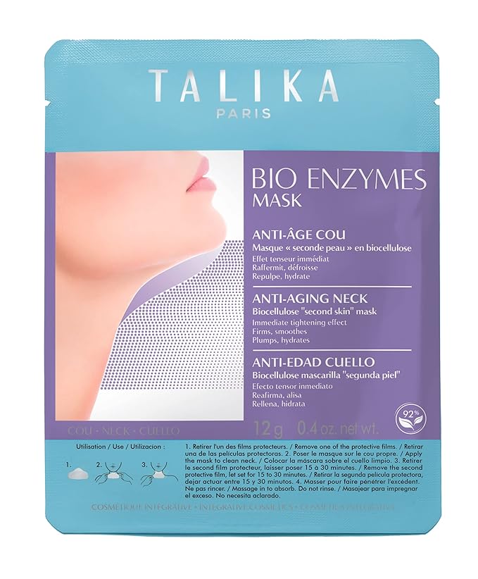 Talika Bio Enzymes Mask Neck - Smoothing Anti-Aging Neck Mask - Biocellulose Moisturising Neck Mask - Second Skin Effect Beauty Sheet Mask - 12g