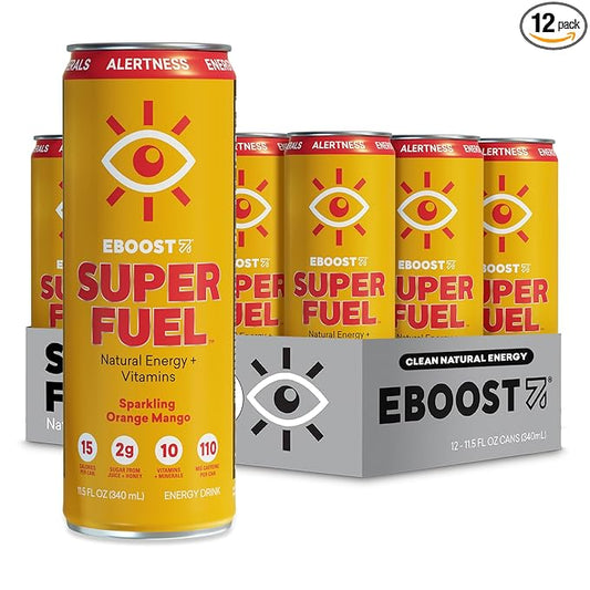EBOOST Super Fuel Healthy Energy Drink - Caffeine from Natural & Clean Ingredients For Focus and Productivity -Taurine Free Pre-Workout With Electrolytes, Nootropic & Vitamins - Orange Mango, 12 Pack